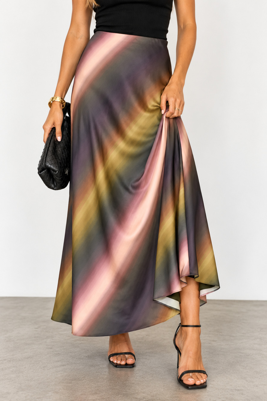 Greylin Marvela Satin Midi Skirt Small S Olive Pink Gradient Ombre Maxi Flowy